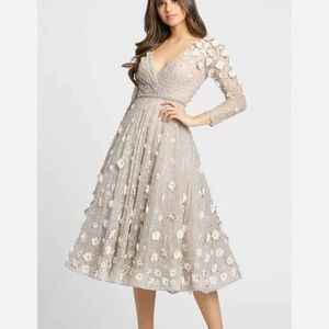 Mac Duggal White and Tan A-Line Dress with Bishop Sleeves